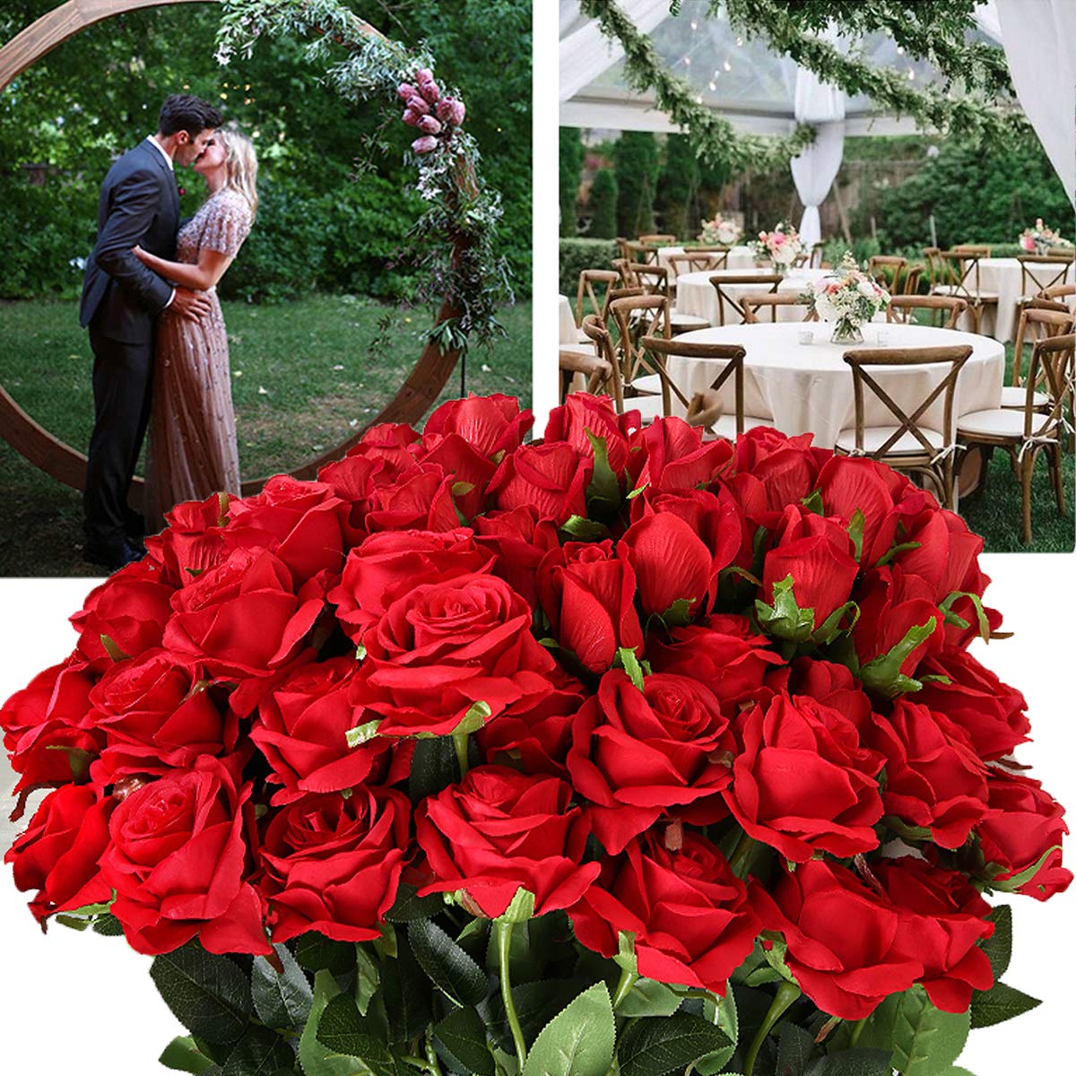 Hawesome 12PCS Artificial Silk Flowers Realistic Roses Bouquet Long Stem for Home Wedding Decoration Party A-Red