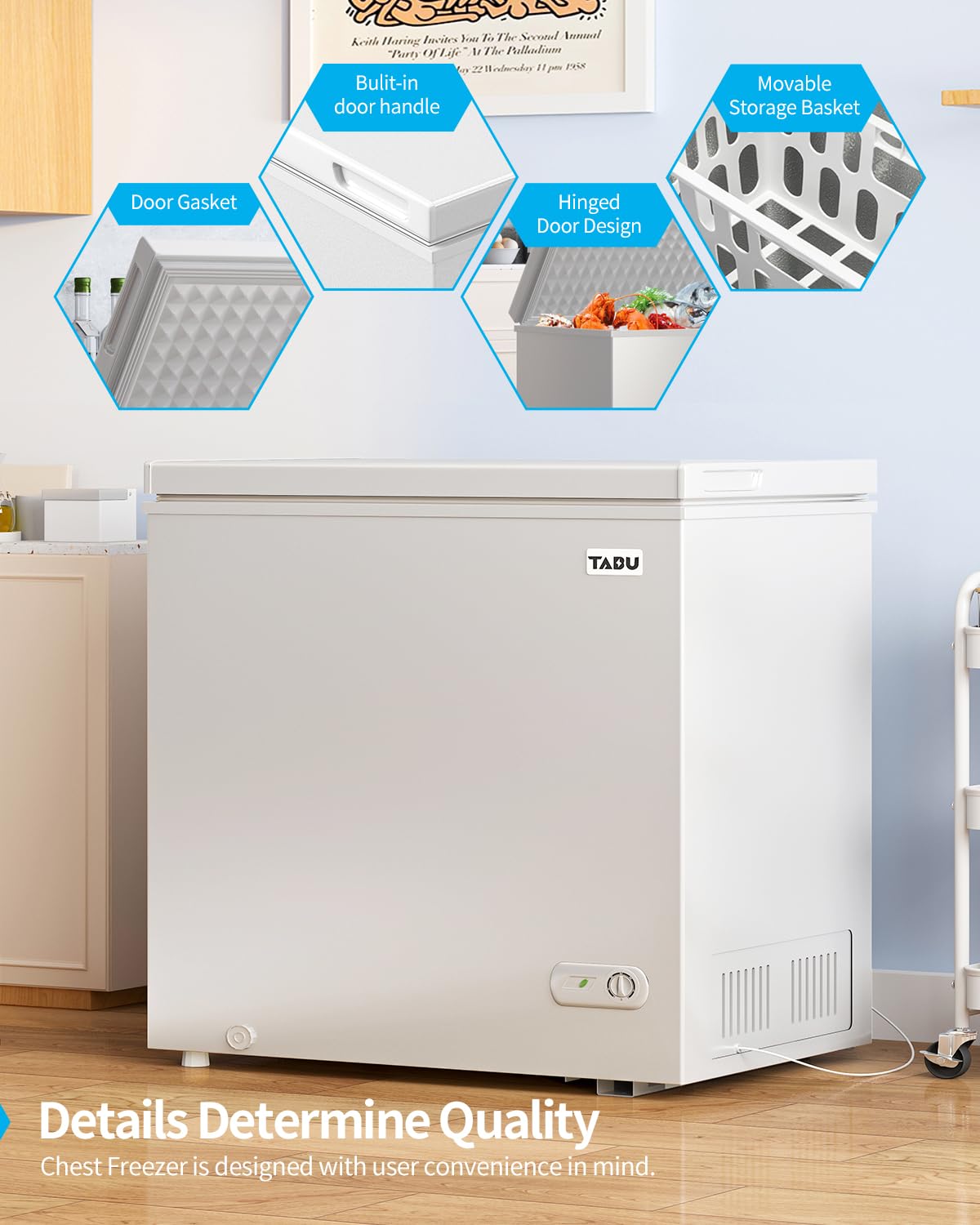 TABU 10.0 Cubic Feet Chest Deep Freezer, Large Chest Freezer with 7 Level Adjustable Thermostat, Top Opening Door Chest Freezer with Removable Storage Basket, White