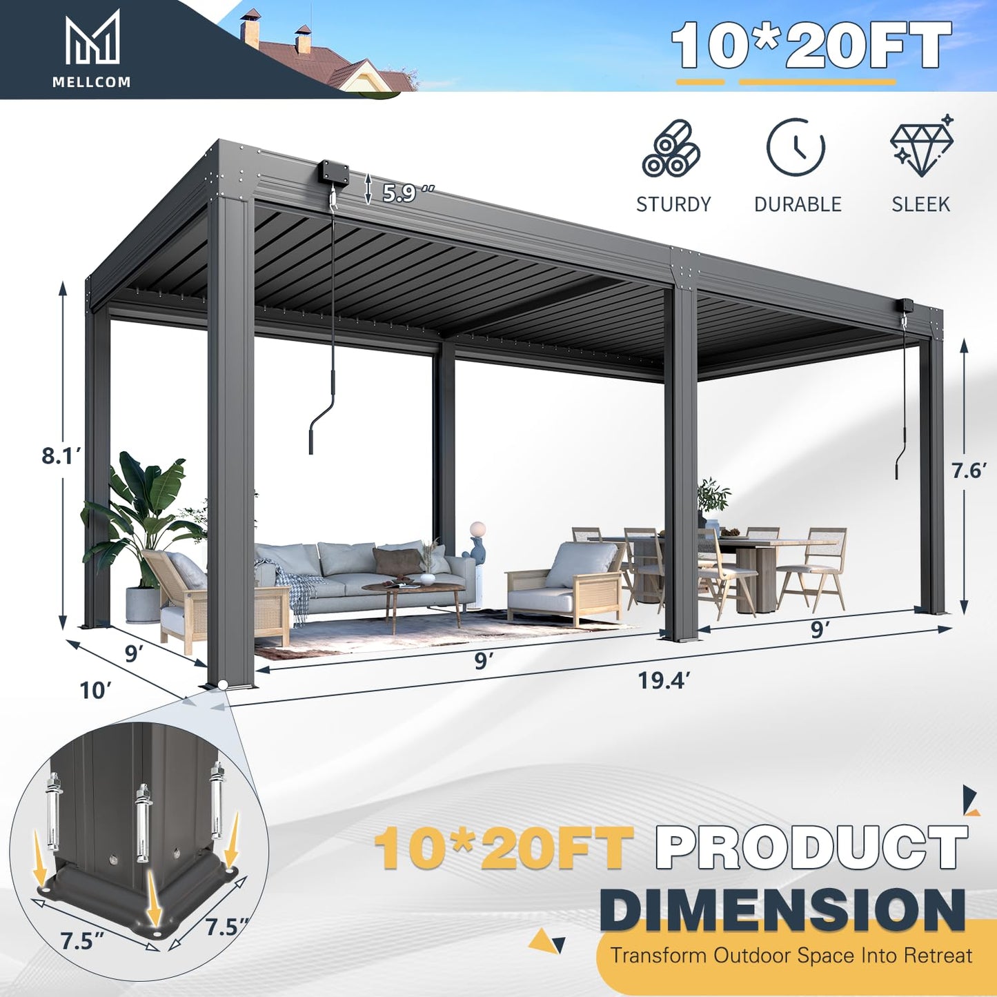 MELLCOM 10x20ft Louvered Pergola with 6-Panel Pull-Down Screen, Aluminum Pergola with Adjustable Rainproof Roof for Patio, Lawn & Garden, Dark Gray