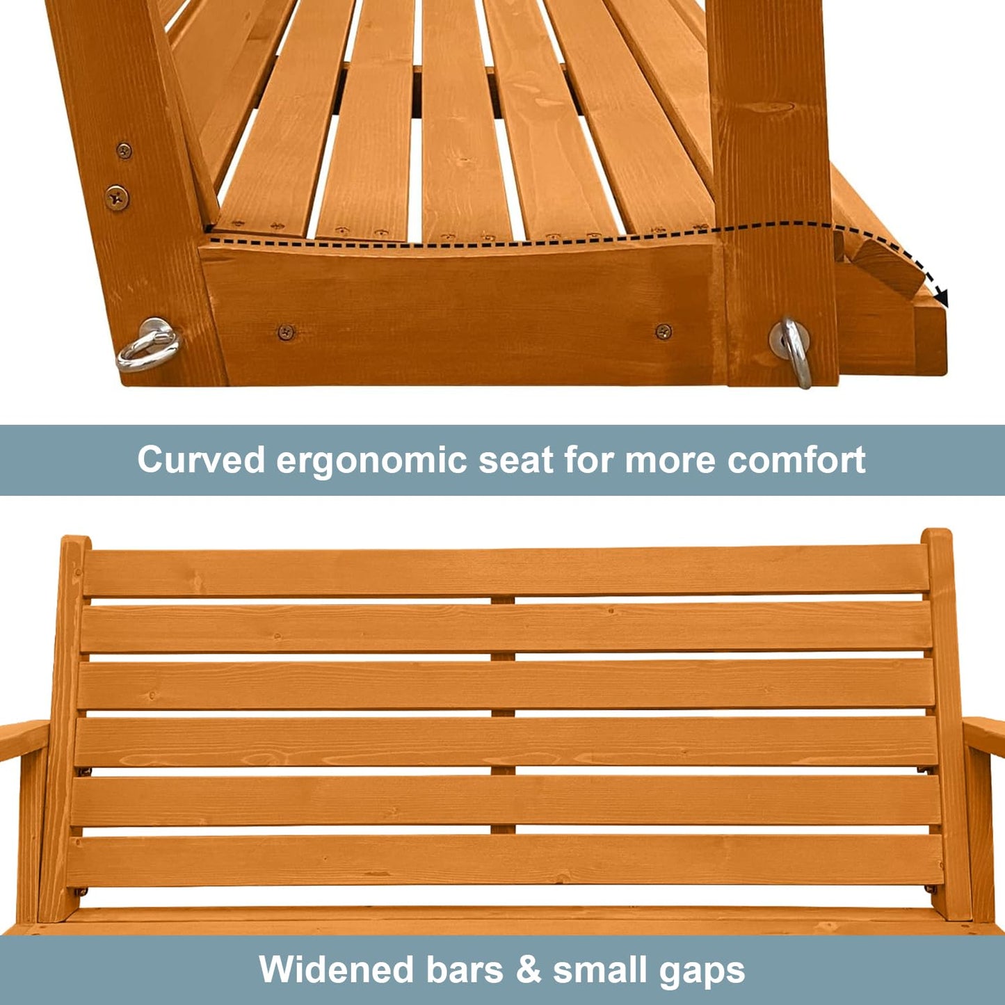 Wooden Porch Swing, Ergonomic Seat, Bench Swing with Hanging Chains and 7mm Springs, Heavy Duty 880 LBS, for Outdoor Patio Garden Yard (Amber, 2-Seater)