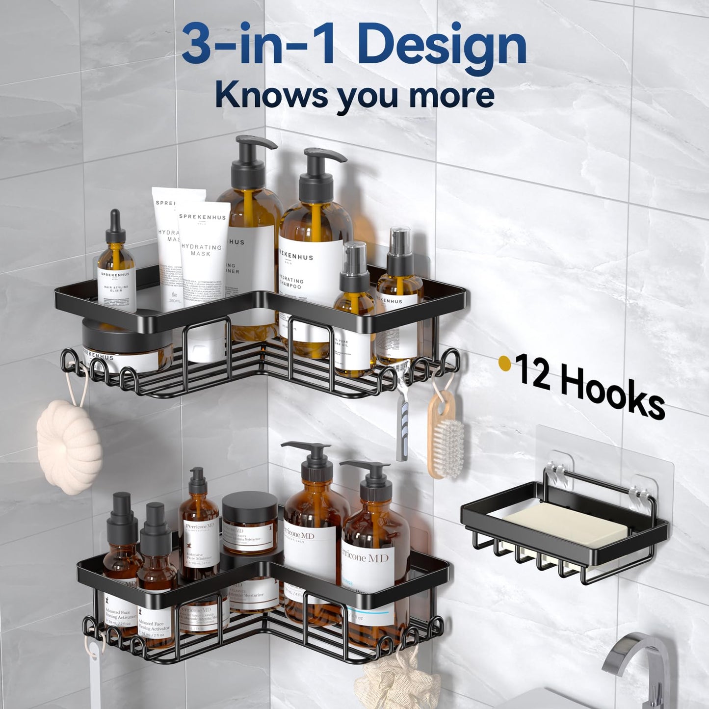 YASONIC Corner Adhesive Shower Caddy, with Soap Holder and 12 Hooks, Rustproof Stainless Steel Bathroom Organizer, No Drilling Wall Mounted Rack, Black, 3-Pack