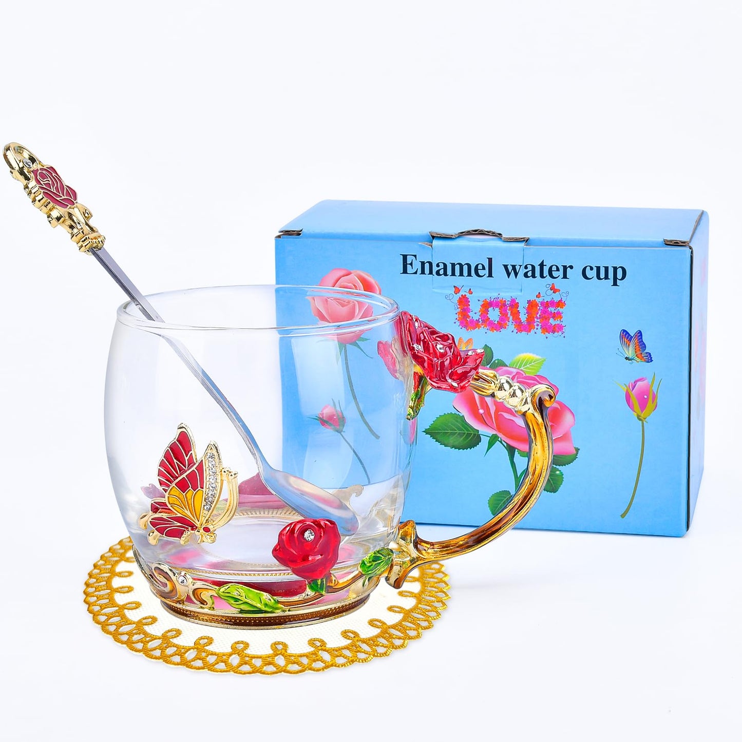 OEAGO Gifts for Mom Women Mothers Day Glass Coffee Enamels Mug Best Birthday Butterfly Rose Gifts for Her from Daughter Son Lead-Free Valentines Day Christmas Stocking Stuffers for Women Red Tea Cup