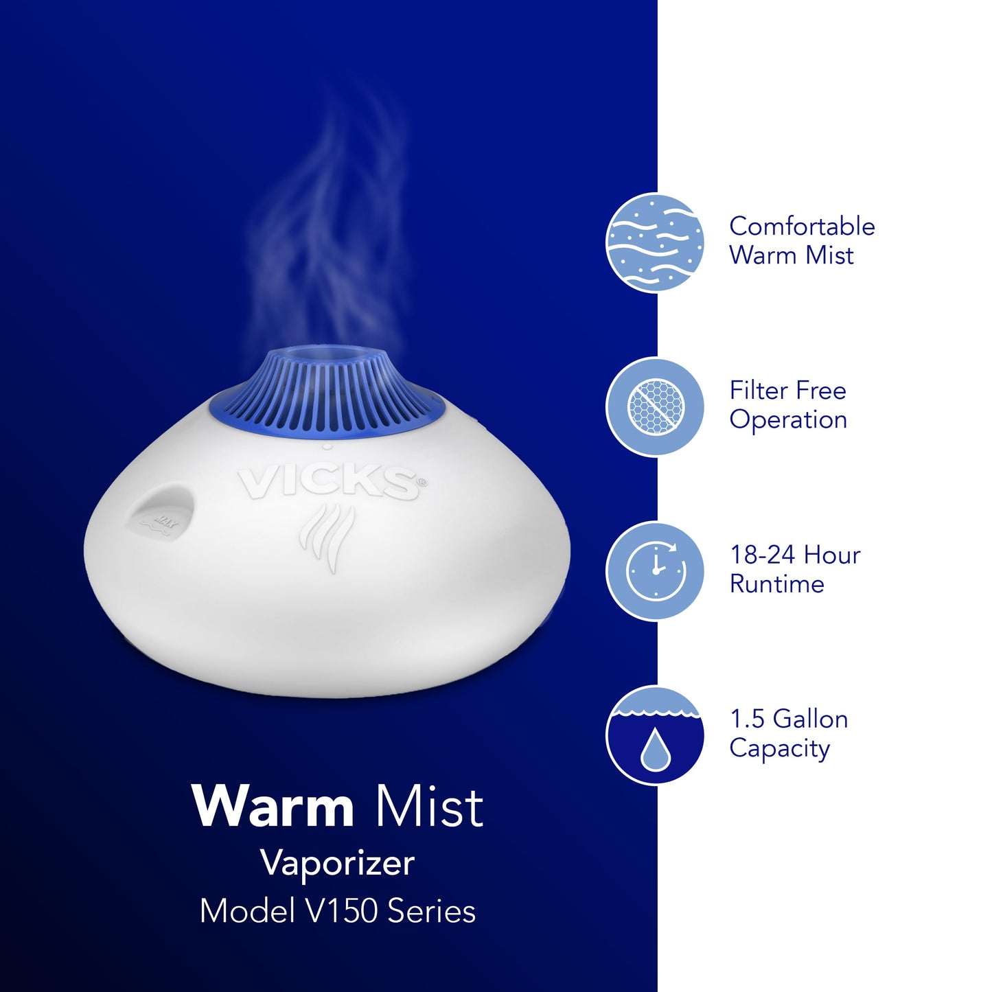 Vicks Warm Steam Vaporizer, Small to Medium Rooms, 1.5 Gallon Tank – Warm Mist Humidifier for Baby and Kids Rooms with Night Light, Works with Vicks VapoPads and VapoSteam