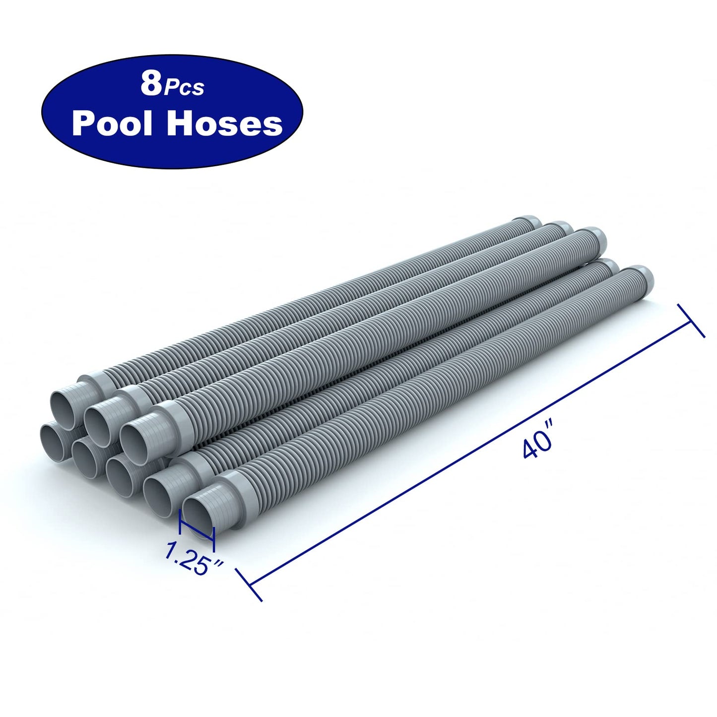 Poolvio Professional Swimming Pool Vacuum Cleaner Hose -1.5” 8 Piece Hoses for Pool Vacuum Extension/Replacement - Compatible with all Major Automatic Swimming Pool Cleaners