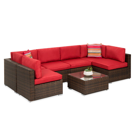 Best Choice Products 7-Piece Modular Outdoor Sectional Wicker Patio Conversation Set w/ 2 Pillows, Coffee Table, Cover Included - Brown/Red