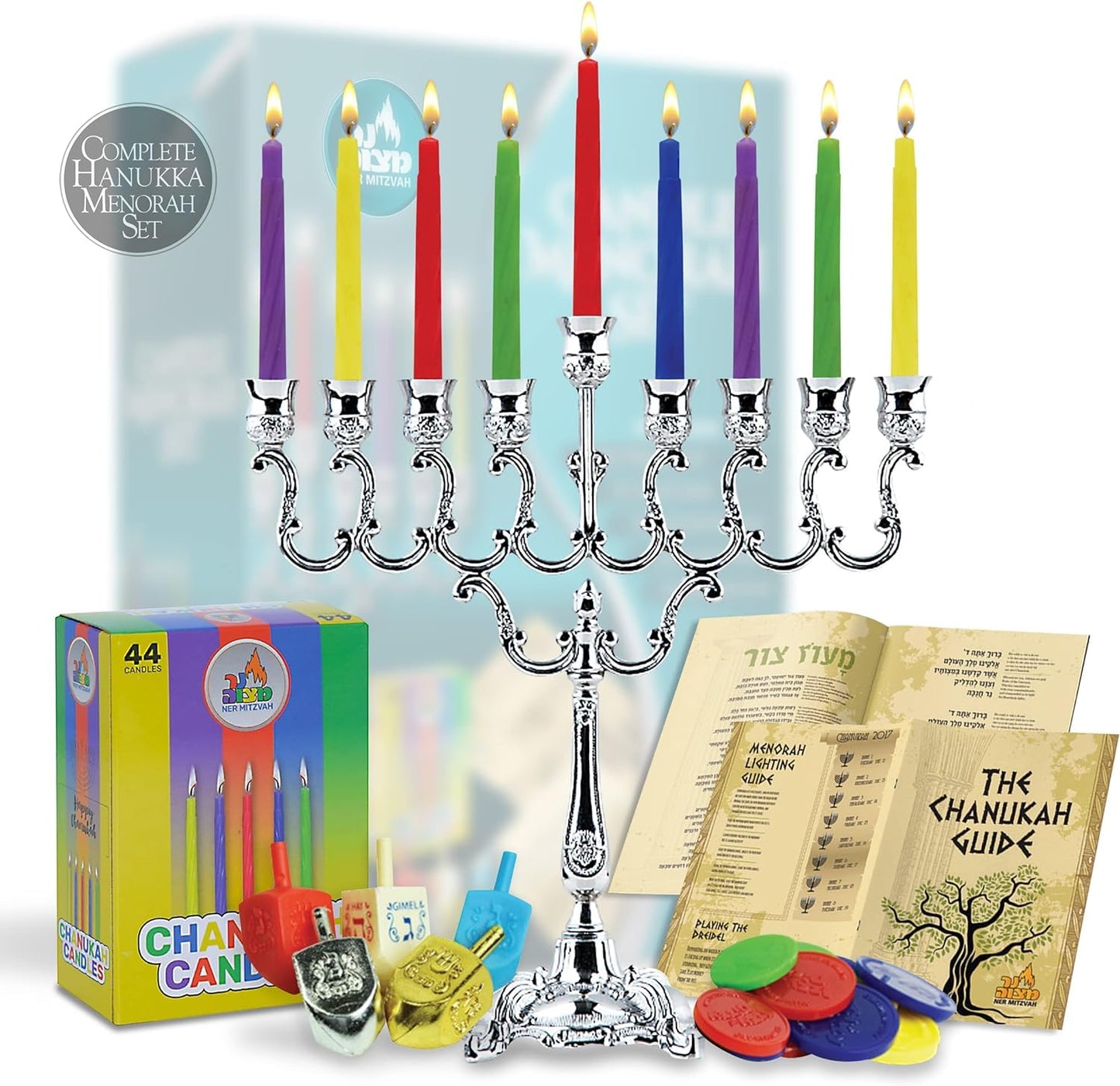 Hanukkah Menorah Complete Set - Menorahs for Chanukah - includes Menorah, Hanukkah Candles, Dreidels, Play Coins, Chanukah Guide