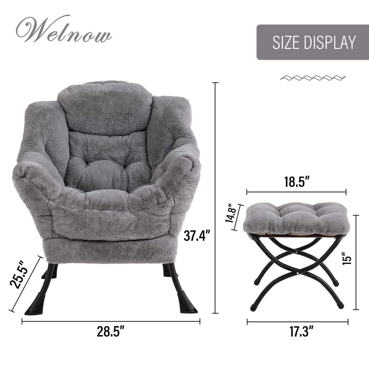 Welnow Lazy Chair with Ottoman, Modern Lounge Accent Chair with Armrests and a Side Pocket, Leisure Sofa Chair Set, Reading Chair with Footrest for Small Space, Corner Chair, Plush Grey