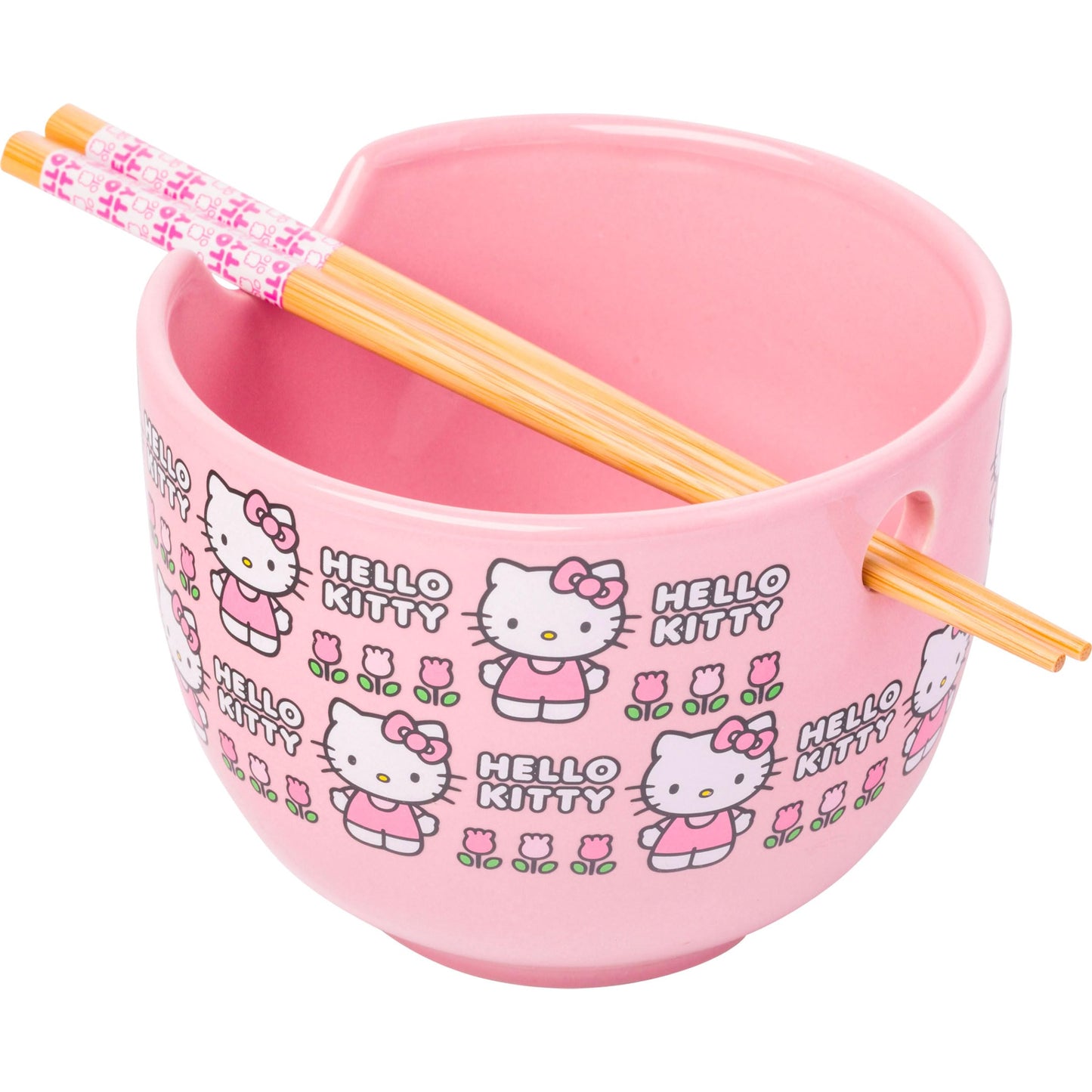 Silver Buffalo Sanrio Hello Kitty Flowers Pattern Ceramic Ramen Noodle Rice Bowl with Chopsticks, Microwave Safe, 20 Ounces