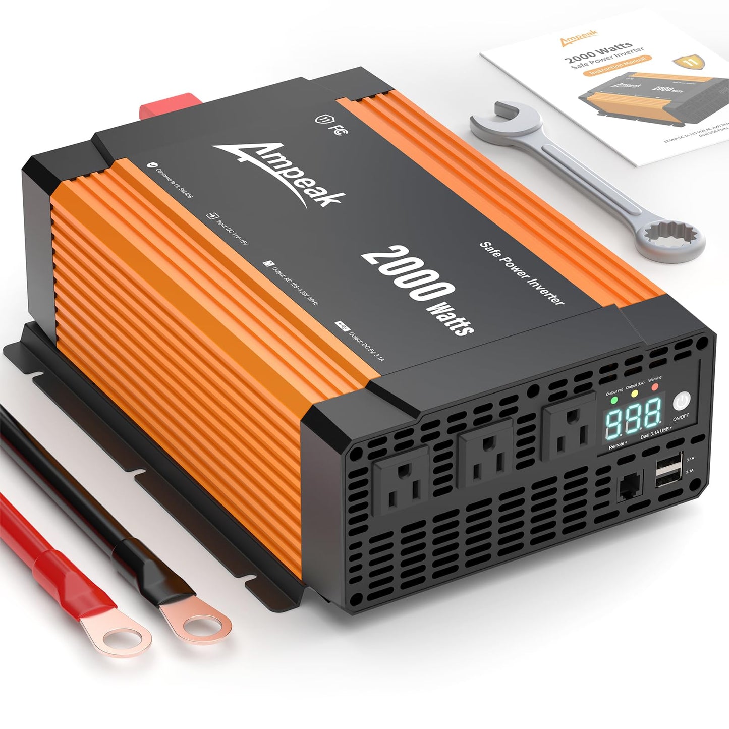 Ampeak Power Inverter 2000W UL458 Modified Sine Inverter 12V DC to 120V AC Built-in 40A*10pcs Fuse Conversion Efficiency 89.37% 3AC Outlets Dual 5V/3.1A USB Ports for Vehicles