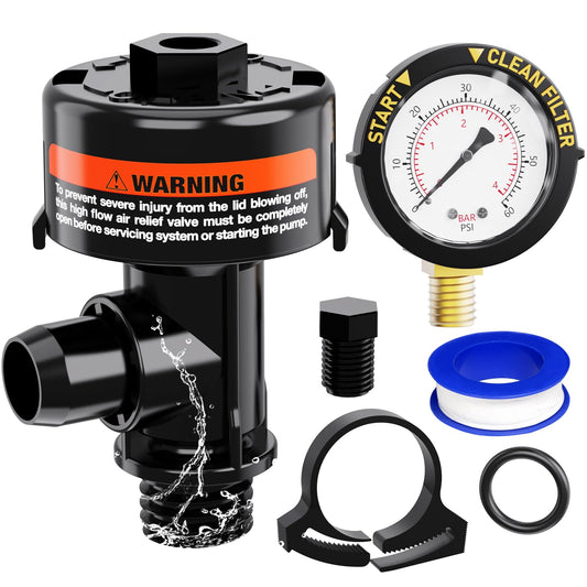 Manual Air Relief Valve for Pool and Spa Filters, Pool Filter Air Relief Valve with Pressure Gauge Replacement, Air Relief Valve for Pool Filter, Includes Gauge Plug, Pressure Gauge, O-Rings, Clips.