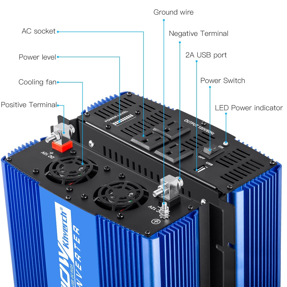 kinverch 2000W Continuous/ 4000W Peak Power Inverter 3 AC Outlets 12V to 110V Car Converter with USB Port