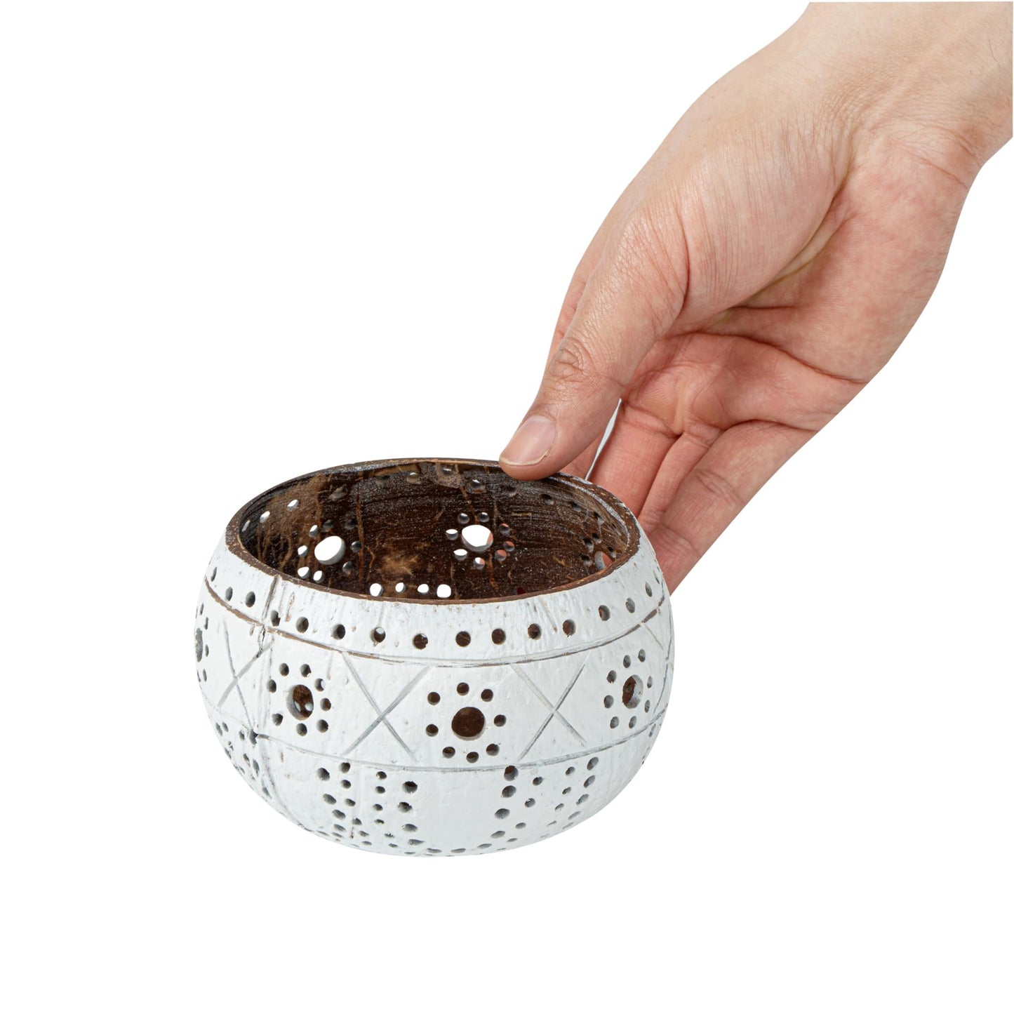 Restaurantware - Coco Casa 4 x 3.3 Inch Coconut Shell Candle Holders, 1 Reusable Tealight Candle Holders - Candle Not Included, Sun And Light Pattern, White Coconut Bowls For Candles, Handcrafted