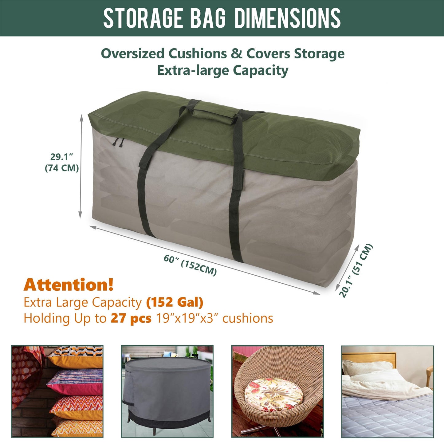 Rachmi 2 Pack Cushion Storage Bag (152 Gal x2) 60 Inch with Zipper & Padded Handle, Outdoor Oversized Heavy Duty 600D Water-resistant Moving Bag, (60"Wx20"Dx29"H, Extra Large)