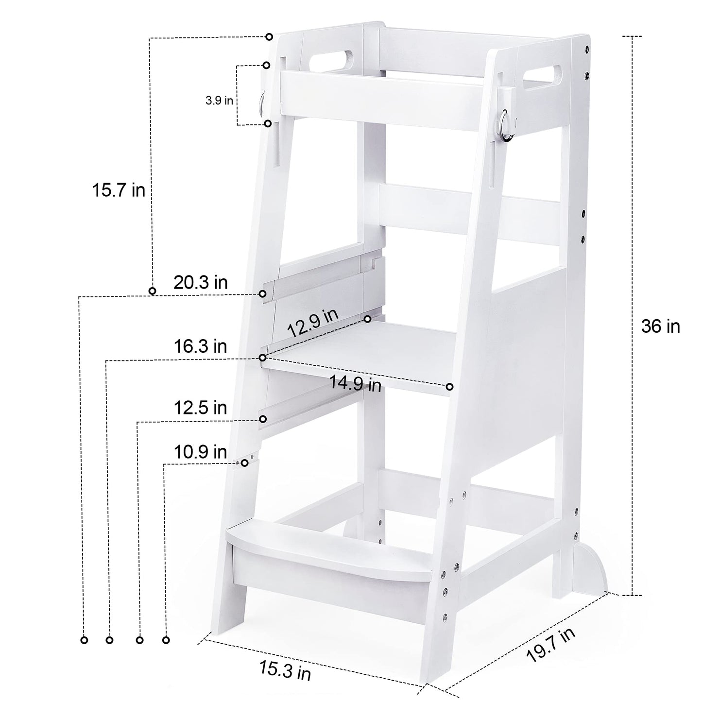 TOETOL Bamboo Toddler Kitchen Step Stool White Helper Standing Tower Height Adjustable with Anti-Slip Protection for Kids Kitchen Counter Learning