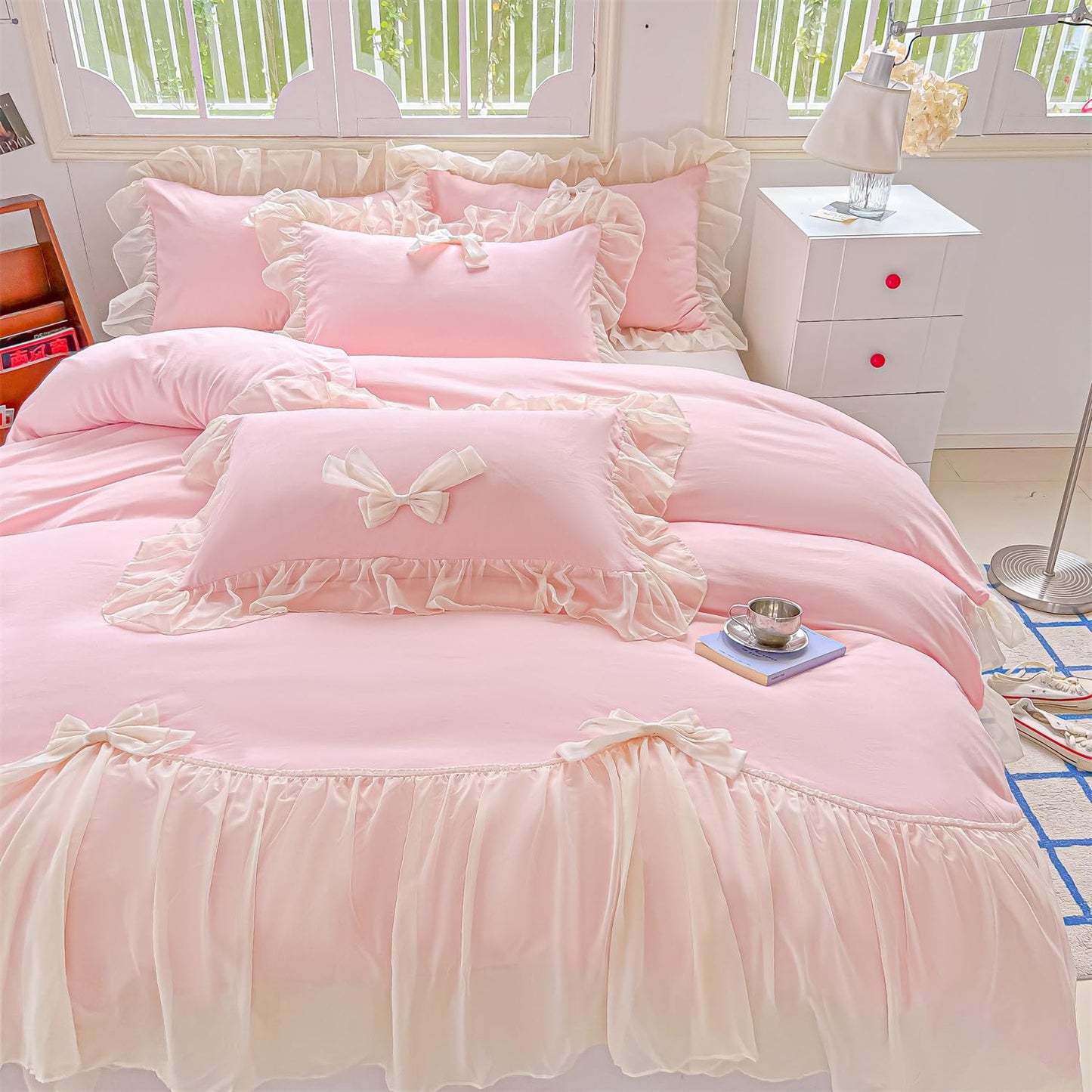 SOUKECHY Girls Lace Bedding,Pink Full Comforter Cover Set, Chic Ruffled Duvet Cover with Lovely Bow,Princess Style 1 Duvet Cover with 2 Pillowcases, No Comforter-Pink,Full Size