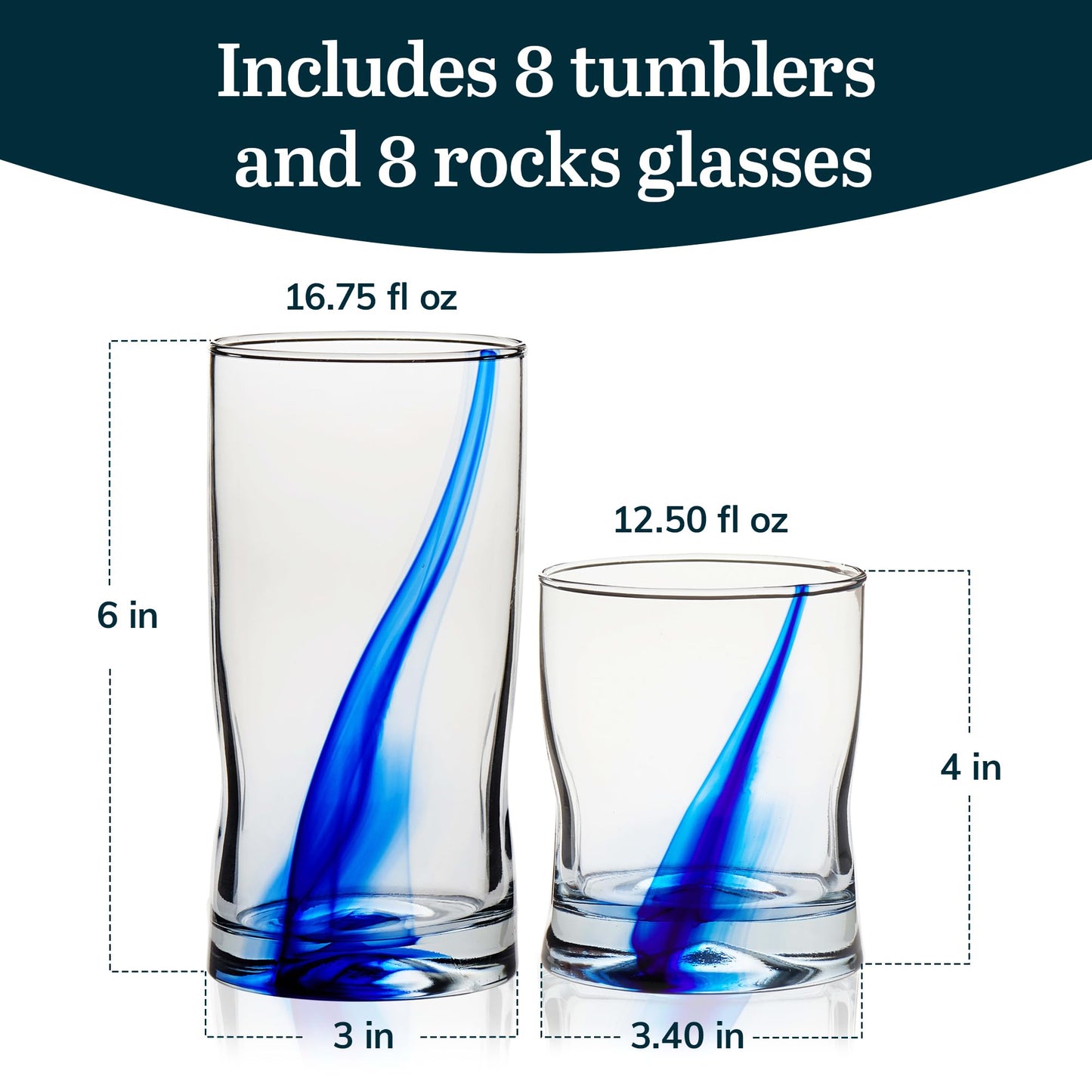 Libbey 99104 Blue Ribbon Tumbler and Rocks Glass Set, (Set of 16 Piece) Drinkware Glasses Set, Clear Dishwasher Safe Rock and Tumbler Glasses Set