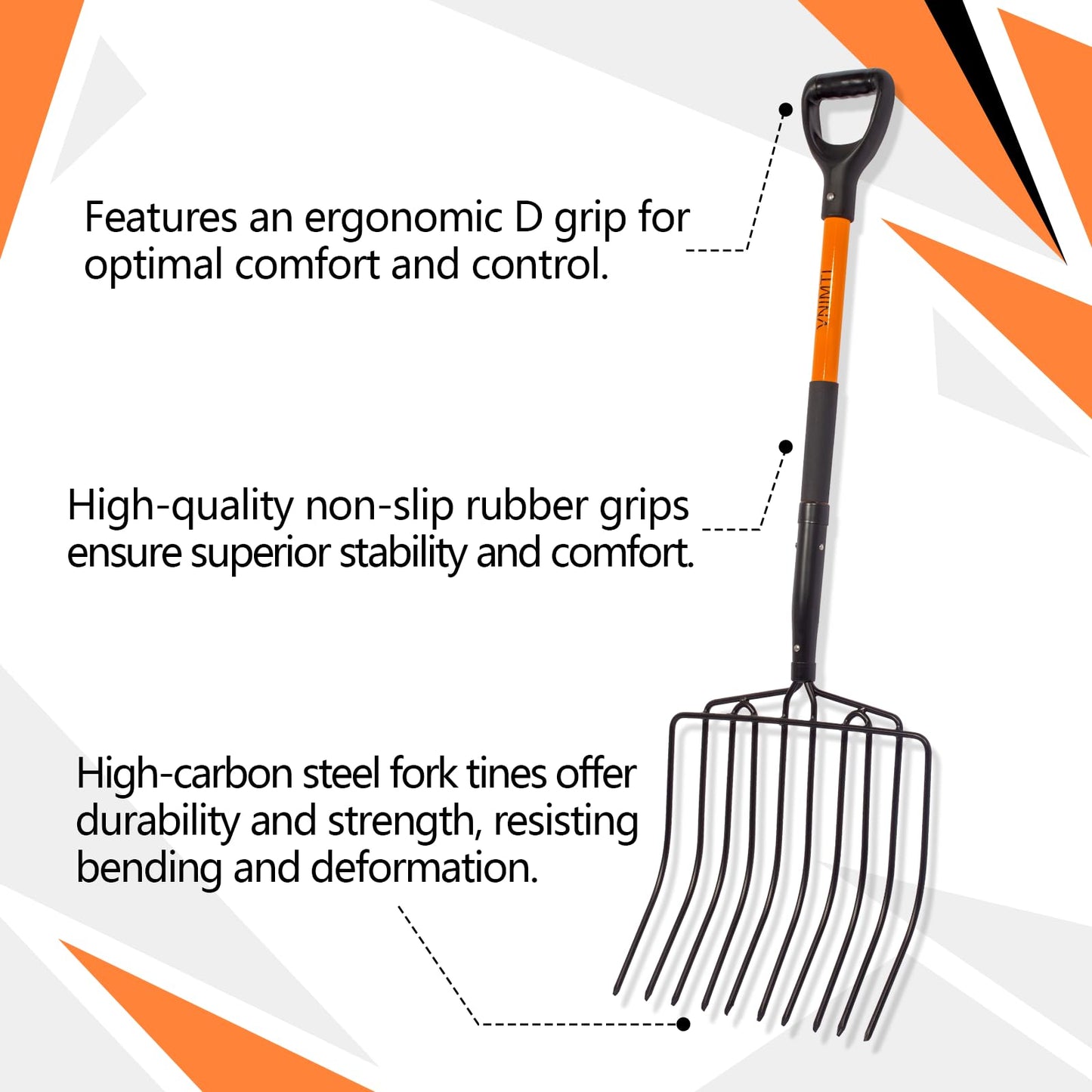 VNIMTI Pitch Fork for Gardening, 10 Tines Wide Pitch Fork with Fiberglass Handle, Heavy Duty Pitch Fork for Bedding, 45 Inches