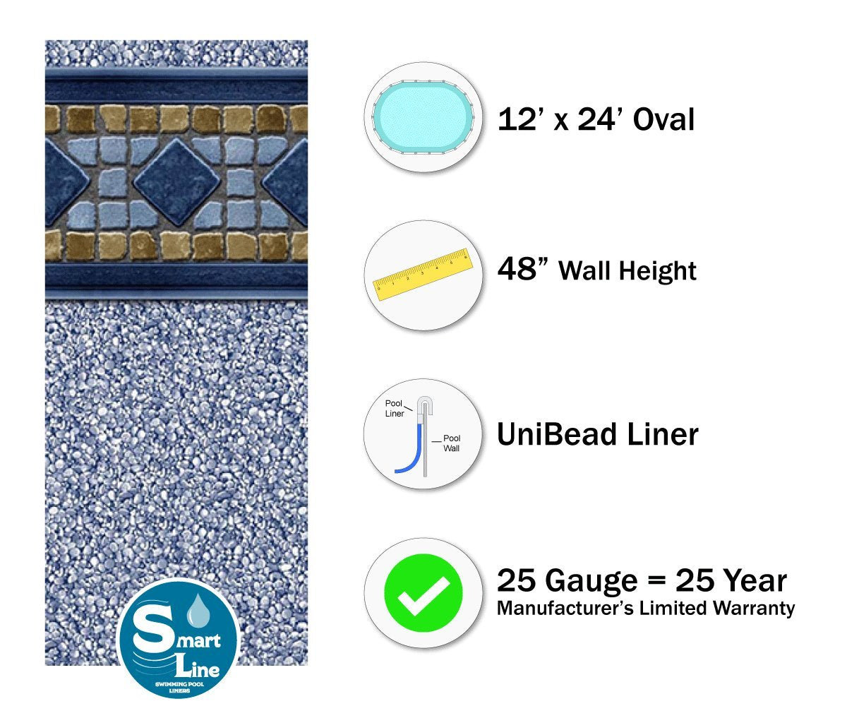 SmartLine Laguna 12-Foot-by-24-Foot Oval Pool Liner | UniBead Style | 48-Inch Wall Height | 25 Gauge Virgin Vinyl | Designed for Steel Sided Above-Ground Swimming Pools | Universal Gasket Kit Included