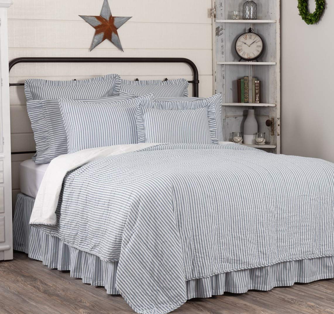 VHC Brands Sawyer Mill Ticking Striped Cotton Farmhouse Pre-Washed California King Bedding Accessory, Quilt 130x115, Blue Denim