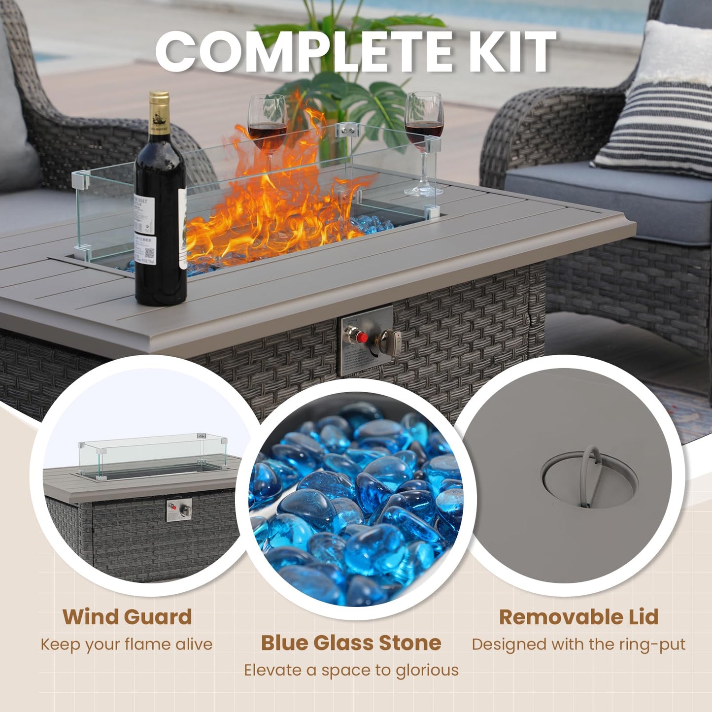 SUNSITT Outdoor Fire Pit Table 43 Inch Wicker Propane Fire Pit with Aluminum Tabletop 50,000 BTU Gas Firepit with Glass Wind Guard, Fire Glass, Lid, Cover, Taupe Rattan