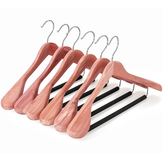 TOPIA HANGER Unfinished American Red Cedar Wood Coat Suit Hangers, Luxury Wooden Jacket Clothes Hangers, Wide Shoulder with Black Padded Pant Bar- 360°Flexible Hook, 6 Pack- Natural- CT07W-6