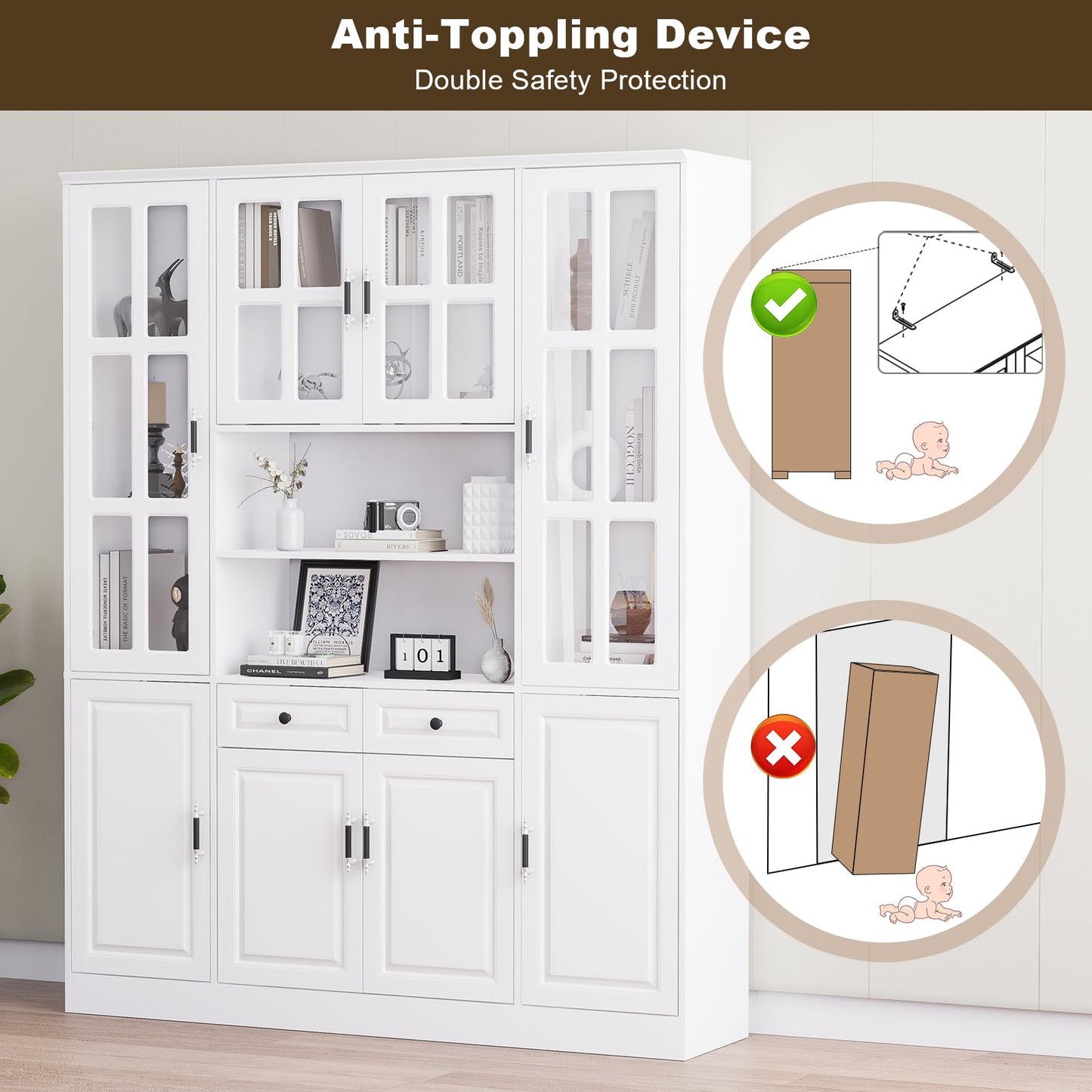 MEISSALIVVE Kitchen Pantry Storage Cabinet, 78.7" Tall Pantry Cabinet with Glass Doors & Drawers, Freestanding Utility Pantry Cabinet, Food Pantry Cabinet Cupboard, White (63" W x 15.7" D)