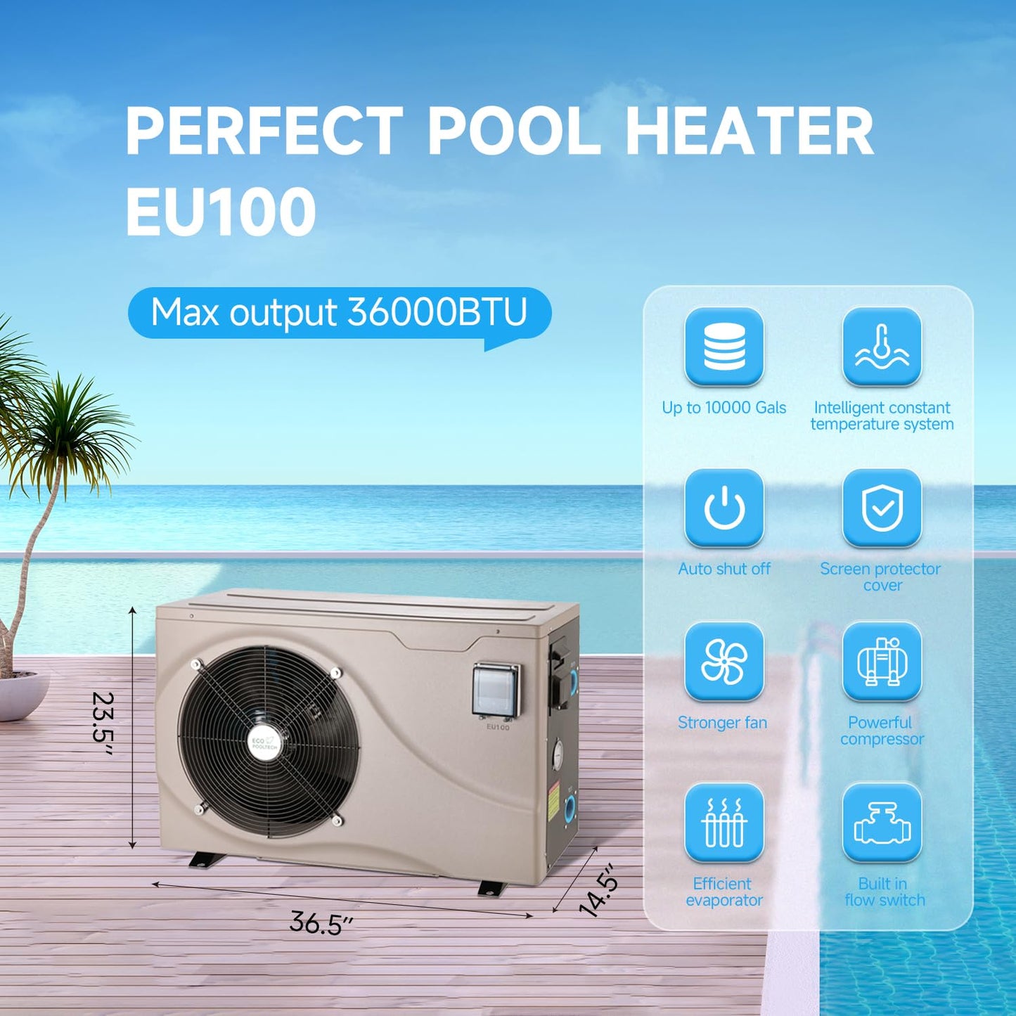 ECOPOOLTECH Up to 10000gallons Swimming Pool Heaters for Above Ground Pool and Inground Pools, Max Output 38864BTU/hr Electric Swimming Pool Heat Pumps, fits 8/15/20 ft Pools, 208V~230V/60Hz