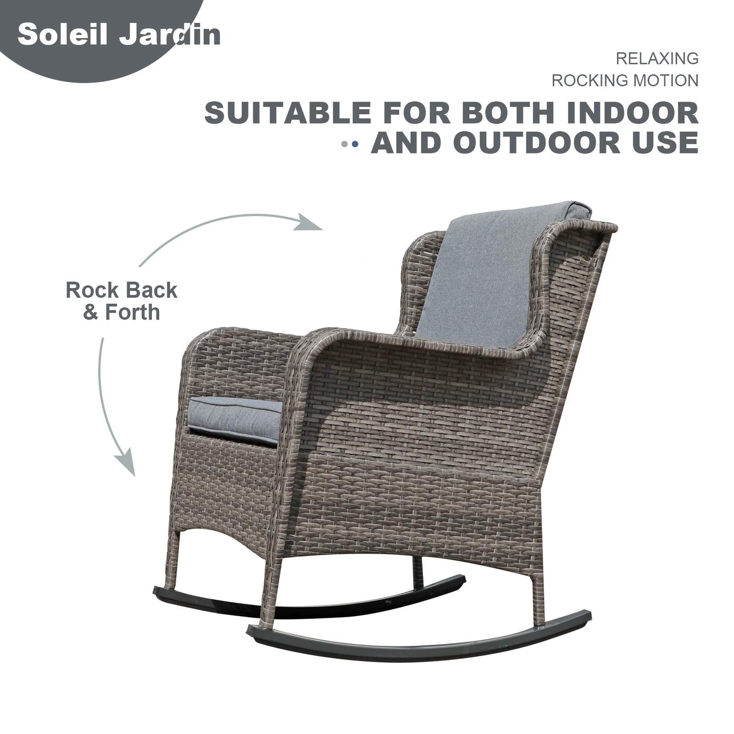 Soleil Jardin Outdoor Resin Wicker Rocking Chair with Cushions, Patio Yard Furniture Club Rocker Chair, Gray Wicker & Gray Cushions