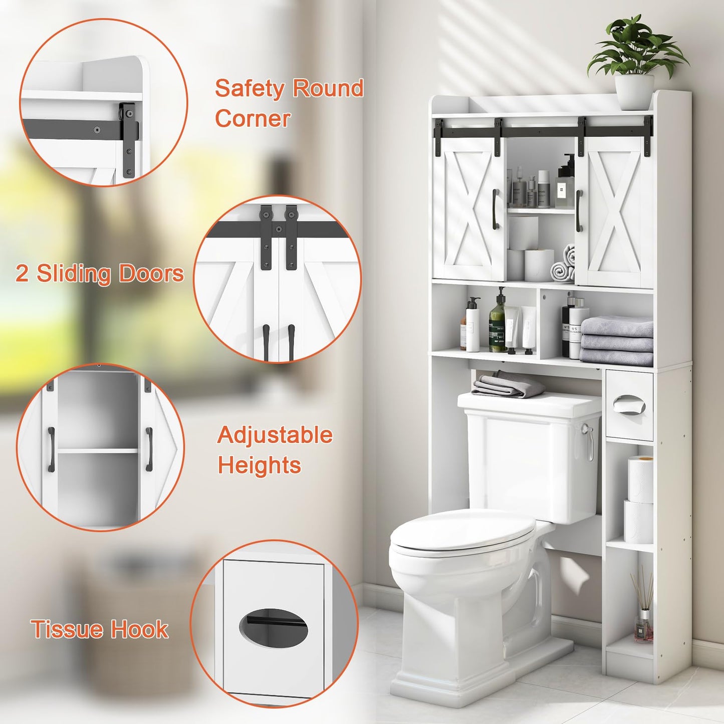 Over The Toilet Storage Cabinet, Farmhouse Storage Cabinet Over Toilet with Sliding Doors，Home Space-Saving Toilet Rack, for Bathroom, Restroom, Laundry