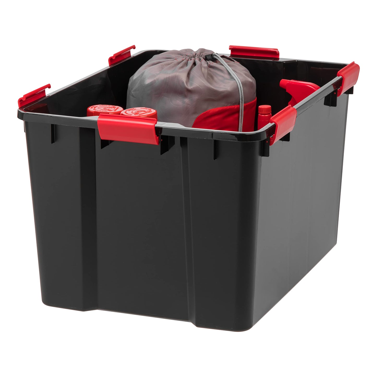 IRIS USA WeatherPro 74 Qt Storage Bins with Lids, 4 Pack, BPA-Free Plastic Gasket Box with Tight Latch and Seal, Stackable Nestable Tote Tub - Black/Red