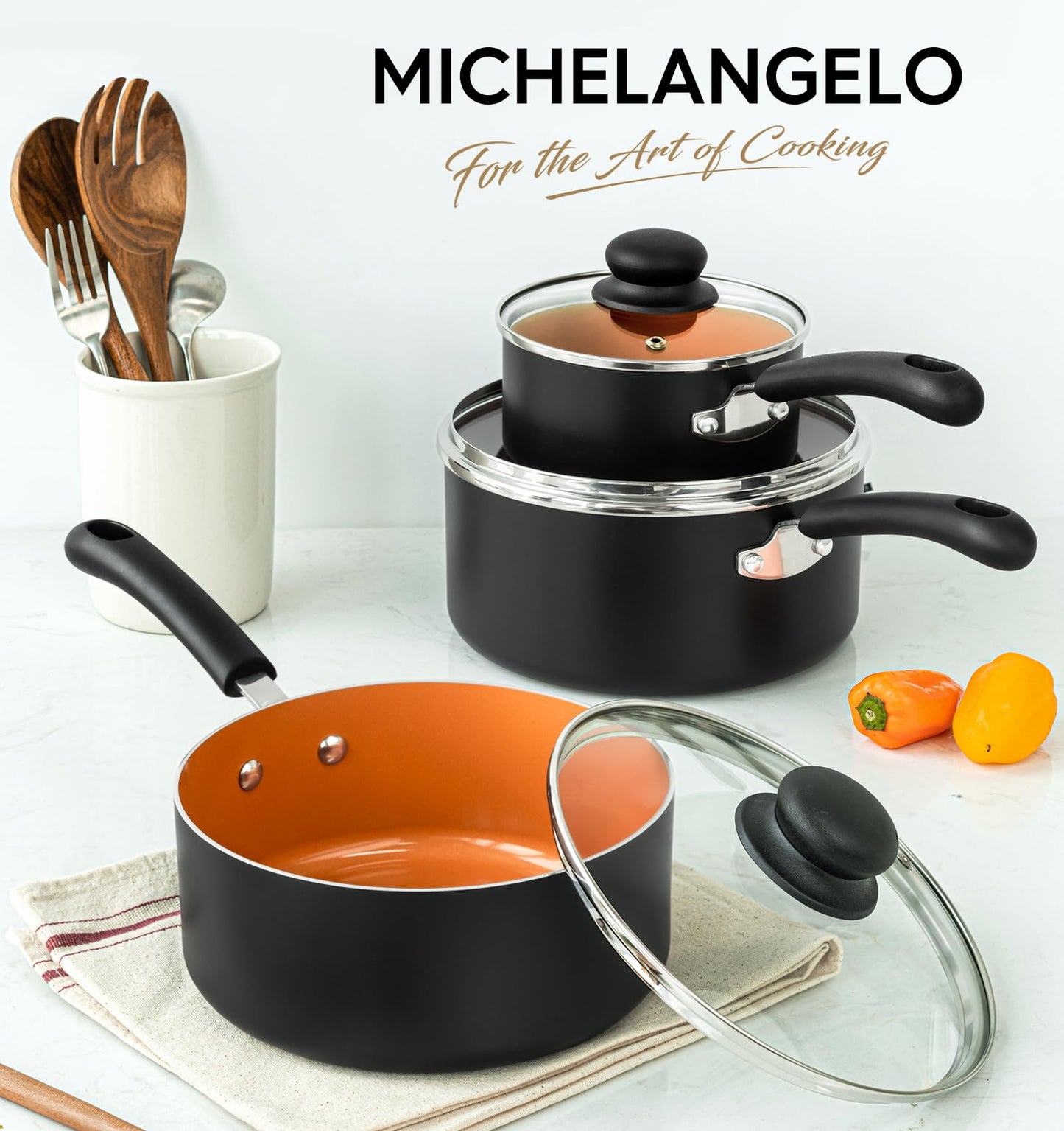 MICHELANGELO Nonstick Sauce Pan With Lid, 1QT&2QT&3QT Ceramic Saucepan, Copper Saucepans,PFAS-FREE Pot Set,Small Pots For Cooking,Multipurpose Cooking Pots Set For Home Kitchen,Dishwasher Safe