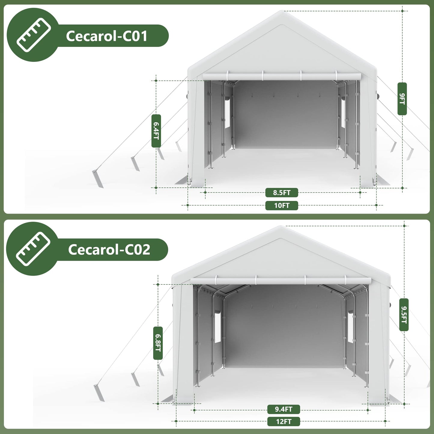 Cecarol C02 12x20x9.5FT Heavy Duty Carport, 200G Heat-Sealing All Weather Tarp, 40MPH Windproof, w/Side Tarps for Sandbag Mounting, Roll-up Mesh Windows, Detachable Side Walls&Doors (White)