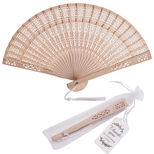 SL crafts 50 Sets Wooden Hand Fan Wooden Handheld Folding Fan Wedding Party Favors Wood Fan with Organza Bags and Thank You Tag and Tassels