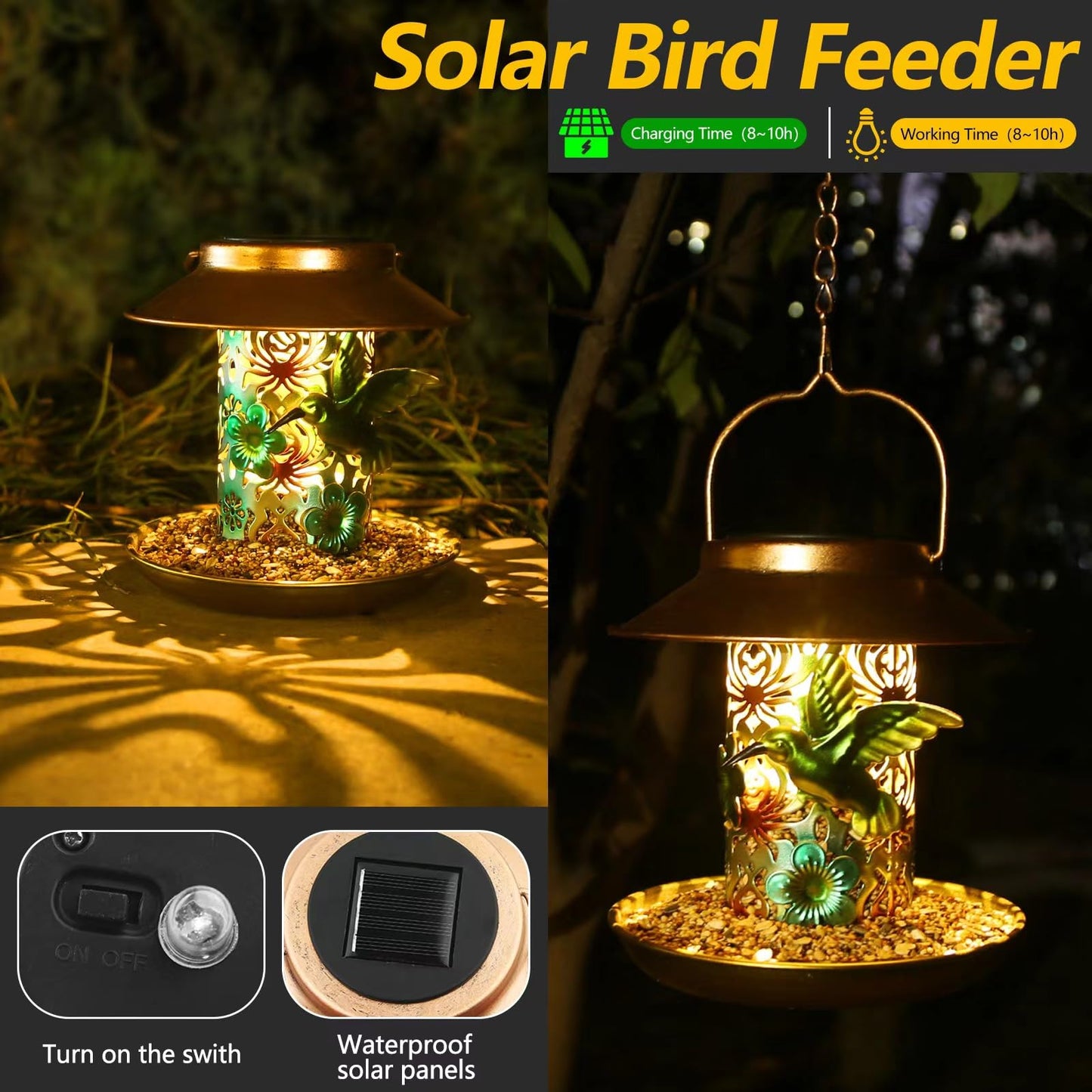 PENXUA Solar Bird Feeder for Outdoors Hanging, Gifts for Mom Grandma Women, Metal Waterproof Outside Wild Bird Feeders,Cardinals Feeders, Gifts for Bird Lovers, Lantern Light, Garden Decoration