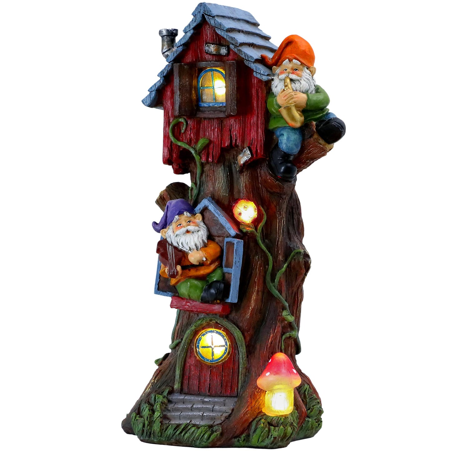 TERESA'S COLLECTIONS 11" Tall Large Garden Statues Gnome Treehouse with Solar Outdoor Light, Garden Sculptures Statues Figurines Resin Christmas Decor Lawn Ornaments Patio Yard Decor Gifts for Mom