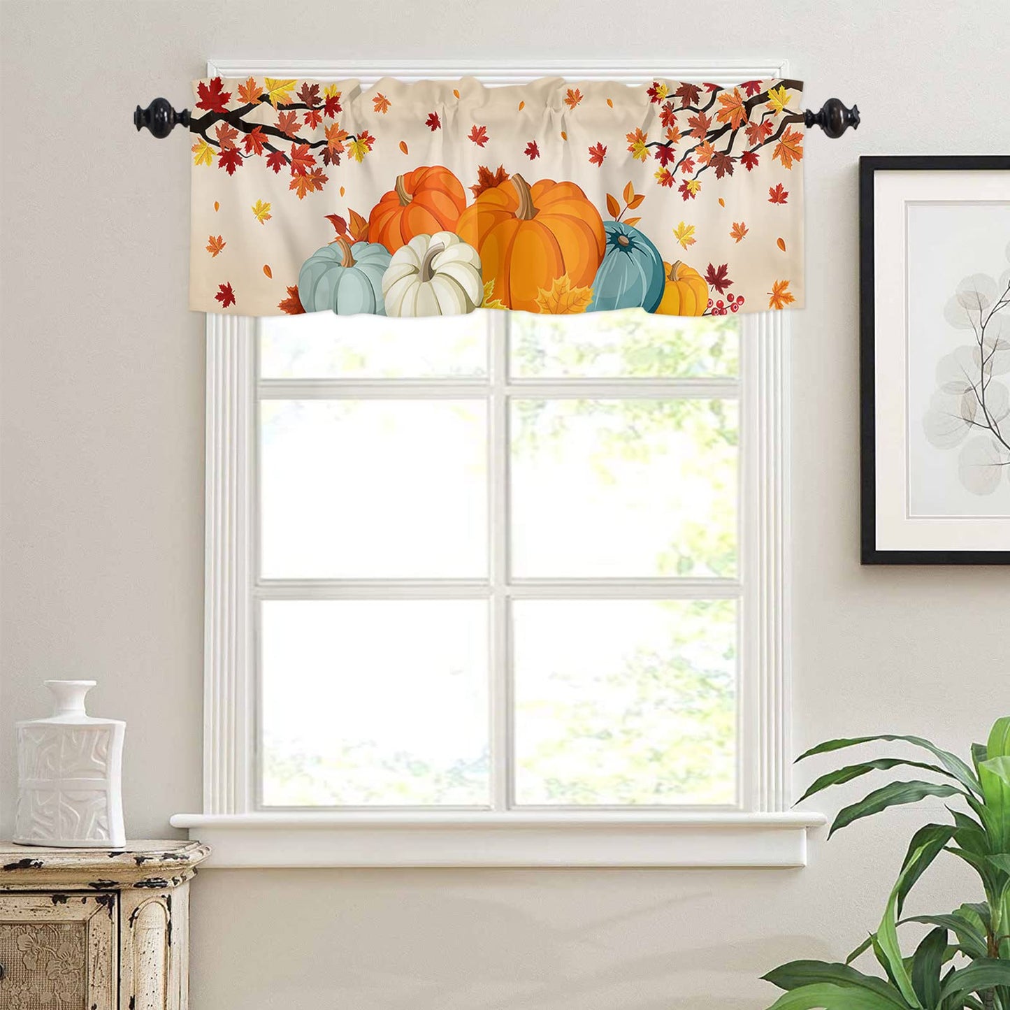 Harvest Pumpkin Valances Windows Curtain Thanksgiving Fall Kitchen Valances Rod Pocket Autumn Maple Leaf Window Curtain Treatment Short Topper Curtains Autumn, Fall Seasonal Decor 1 Panel,54 by 18 in