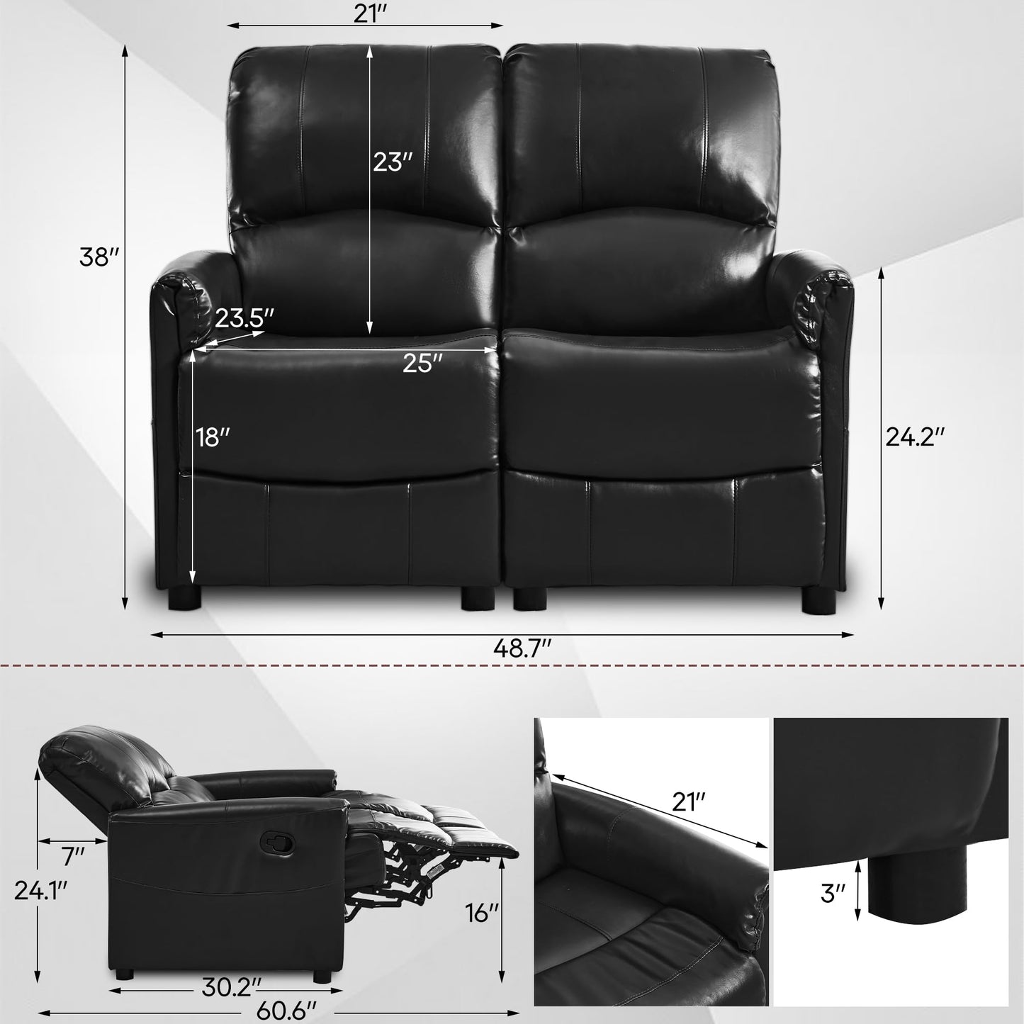 TUNYI 48.2" Loveseat Recliner RV Sofa - Double Manual Recliner Loveseat Glossy Leather Reclining Loveseat RV Furniture with 1" Leg and Side Pocket for Living Room/Apartment/RV (Black)