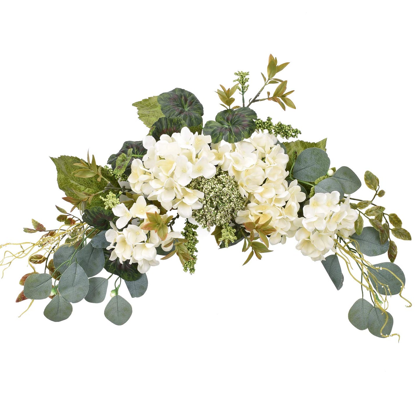 I-GURU Artificial Swag Hydrangea Flower 28 Inch, White Spring Decorative Swags with Green Leaves for Home Room Front Door Wedding Arch Garden Party Tabletop Wall Decor