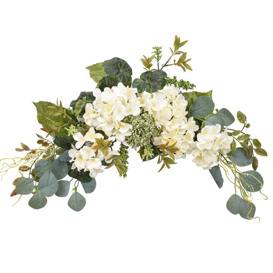 I-GURU Artificial Swag Hydrangea Flower 28 Inch, White Spring Decorative Swags with Green Leaves for Home Room Front Door Wedding Arch Garden Party Tabletop Wall Decor