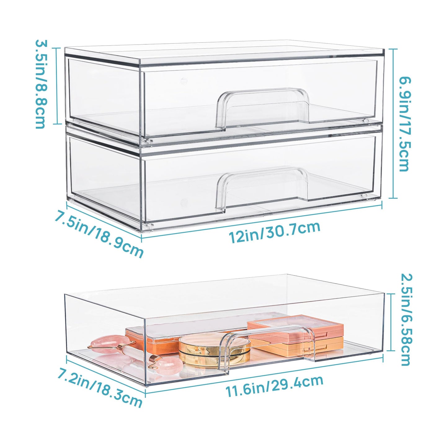 Vtopmart 12''W Clear Stackable Storage Drawers,2 Pack Acrylic Plastic Organizers Bins for Makeup Palettes, Cosmetics, and Beauty Supplies,Ideal for Vanity, Bathroom,Cabinet,Desk Organization