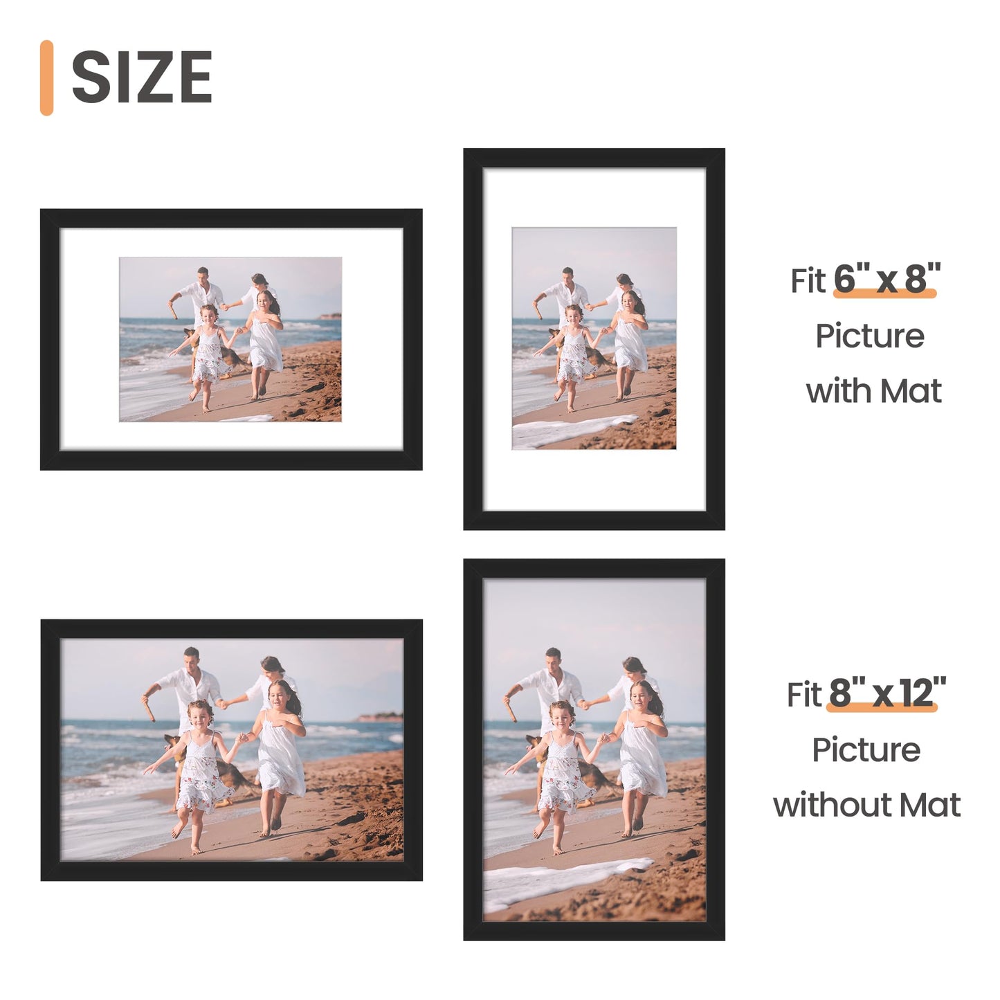 upsimples 8x12 Picture Frame, Display Pictures 6x8 with Mat or 8x12 Without Mat, Wall Hanging Photo Frame, Black, 1 Pack