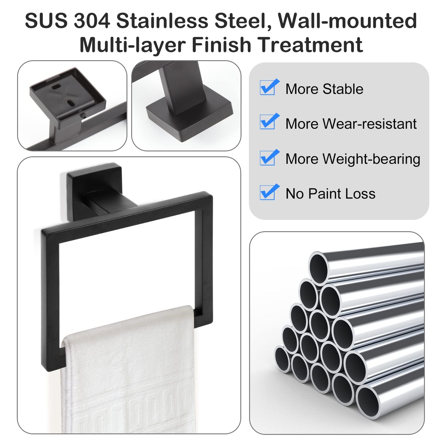 2-Piece Matte Black Square Towel Ring,Modern Hand Towel Holder for Bathroom,SUS304 Stainless Steel Towel Hangers Wall-Mounted