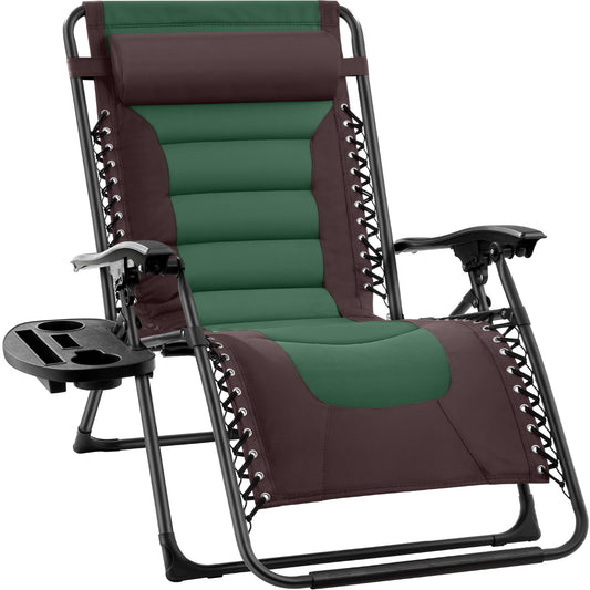 Best Choice Products Oversized Padded Zero Gravity Chair, Folding Outdoor Patio Recliner, XL Anti Gravity Lounger for Backyard w/Headrest, Cup Holder, Side Tray, Polyester Mesh - Espresso/Green