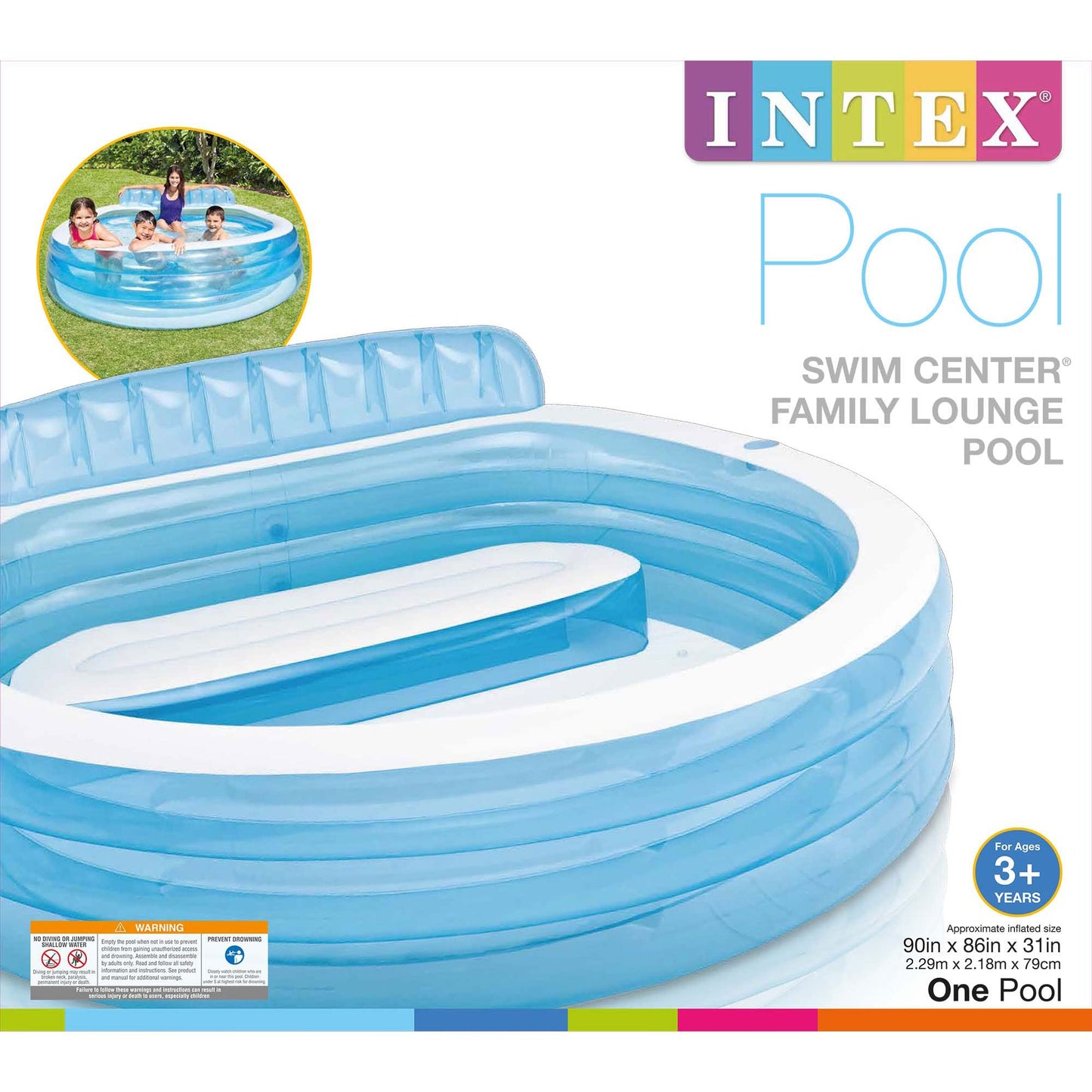 Intex Swim Center Inflatable Family Lounge Pool with Built In Bench, Cup Holder, and 2 Air Chambers for Pre Kindergarten Toys and Outdoor Use, Blue