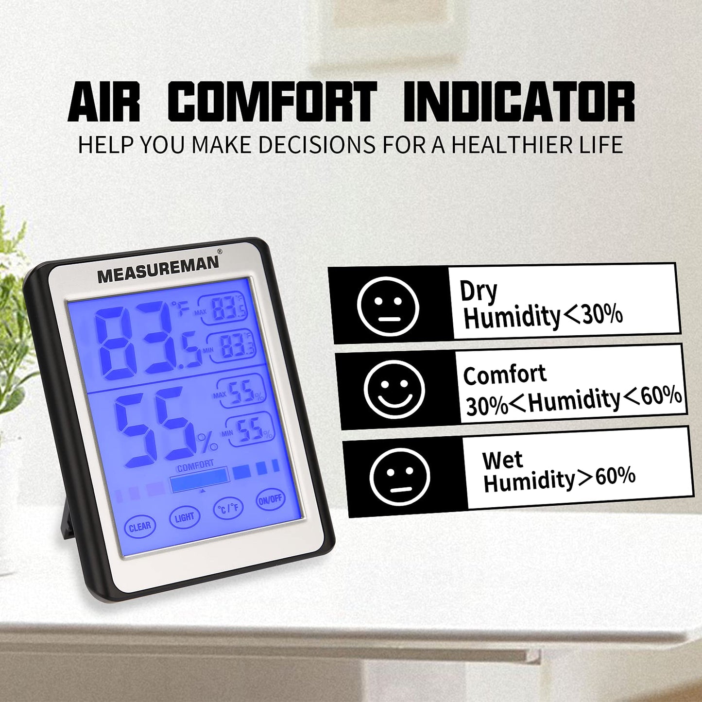 MEASUREMAN Digital Indoor Thermometer and Hygrometer with Humidity Gauge with Touch LCD Backlight, Accurate Temperature Humidity Monitor Meter for Home, Office, Indoor Garden, Battery Include