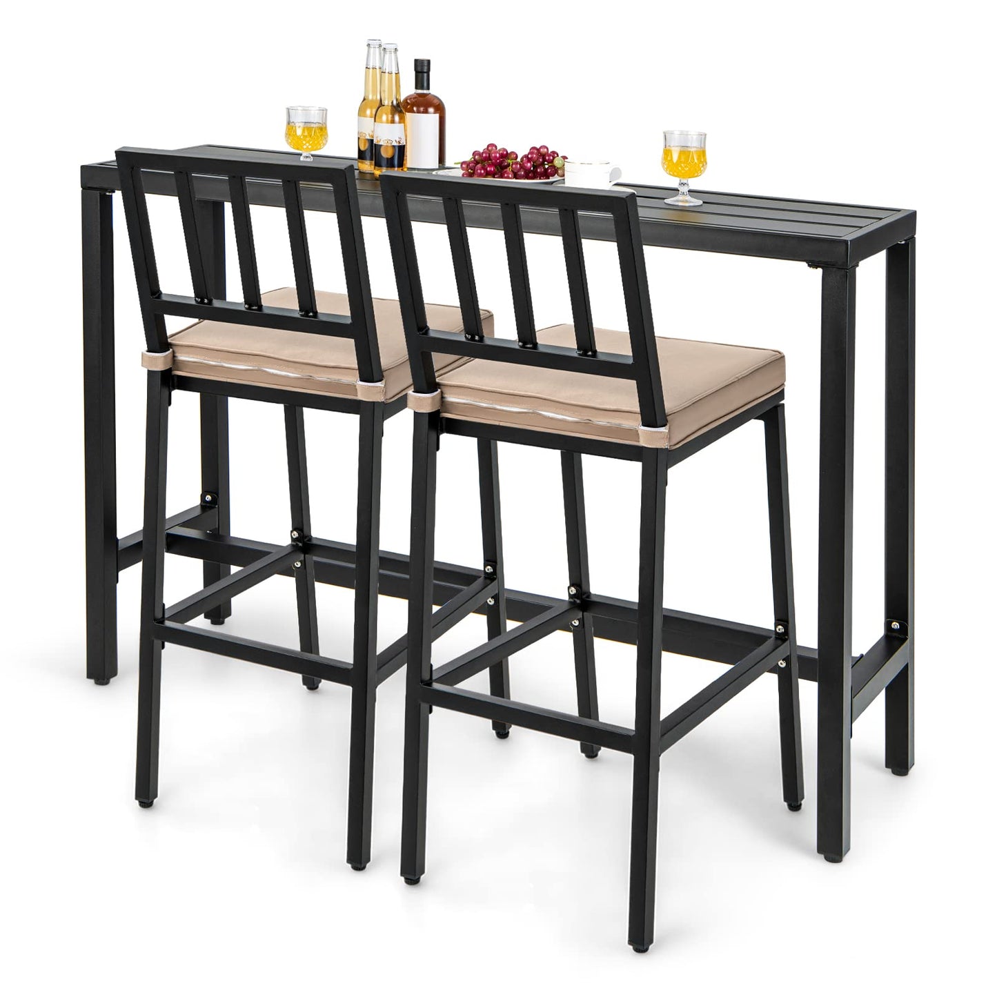 COSTWAY 3 Piece Outdoor Patio Bar Set, 55" Rectangular Pub Height High Top Bar Table with 2 Cushioned Bar Stools, Metal Bar Table and Chairs Set for Balcony, Backyard, Porch