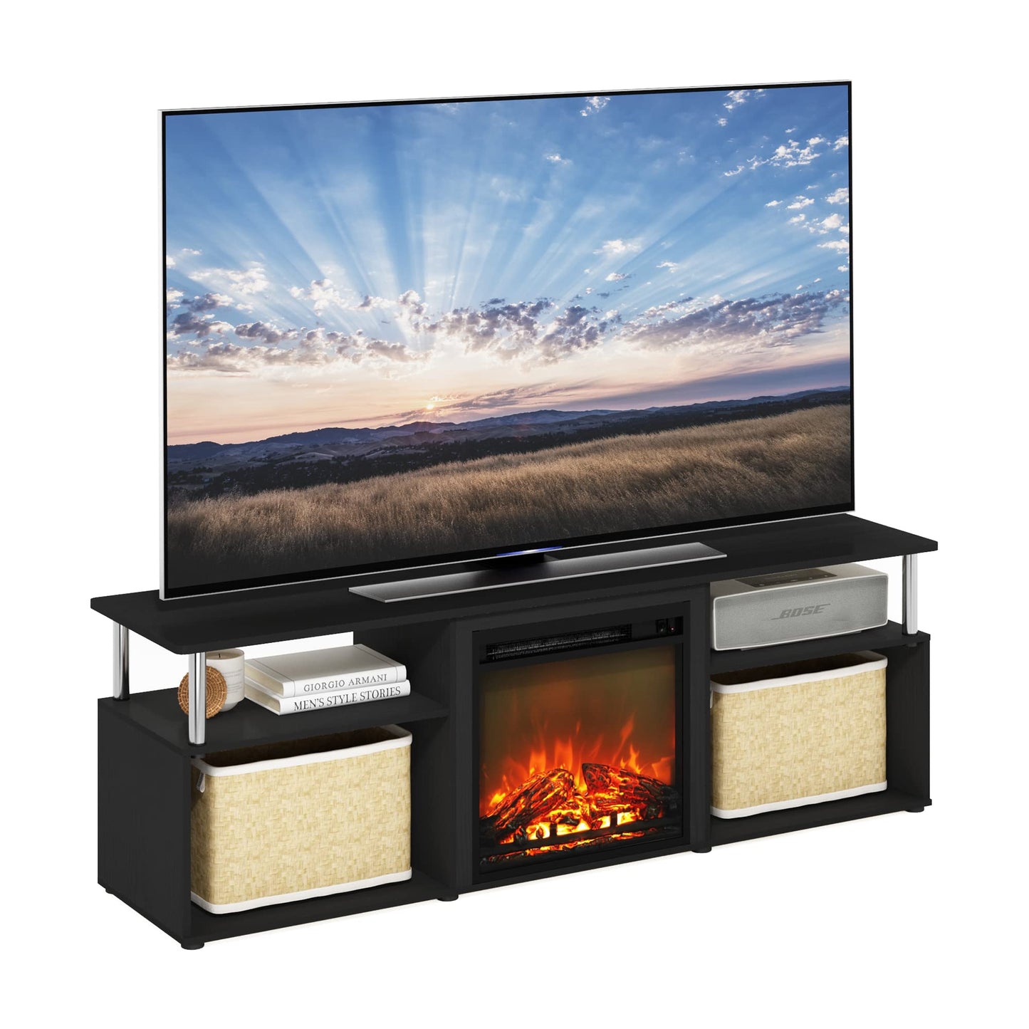 Furinno Jensen Open Storage Fireplace Entertainment Center for TV up to 70 Inch with Stainless Steel Tubes, Americano/Chrome