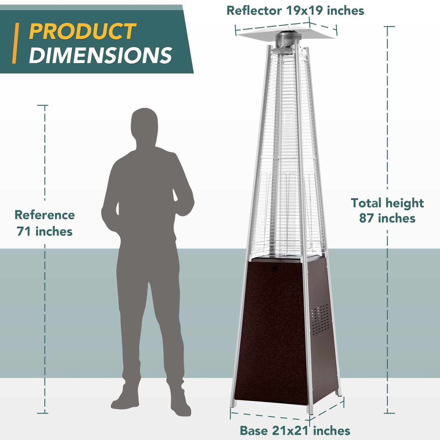 Pamapic Patio Heater, 48,000 BTU Pyramid Flame Outdoor Heater with Cover, Quartz Glass Tube Hammered Bronze Tower Propane Outdoor Heater with Wheels