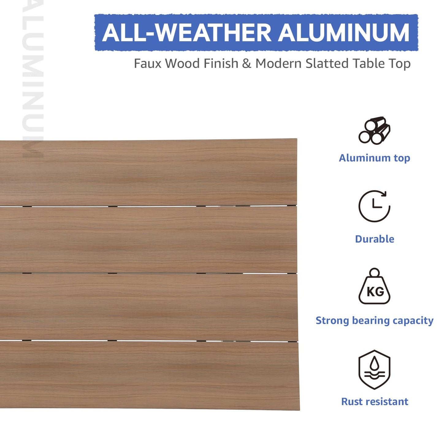 Soleil Jardin Aluminum Outdoor Dining Table for 6 Person with X-Shape Legs & Adjustable Feet, Large Rectangle Patio Table w/Faux Wood Grain for Garden Backyard Parties, Teak Wood Color