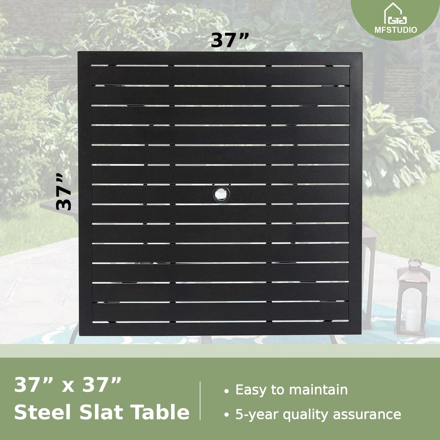 PHI VILLA 37" Metal Steel Slat Patio Dining Table Square Backyard Bistro Table Outdoor Furniture Garden Table, 1.57” Umbrella Hole, Black